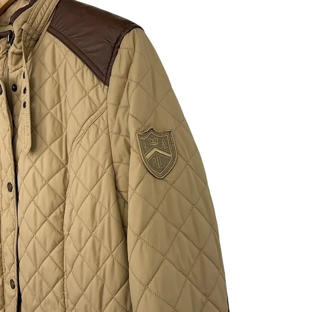 Ralph Lauren Diamond Quilted Barn Jacket Womens L Faux Leather Trim Birch Tan - Picture 6 of 16